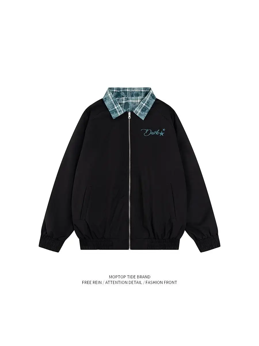 

Mr. WH American Retro Plaid Double-Sided Wear Collar Jaet Color Colion Couple Autumn Outerwear Youth ular Loose Fit