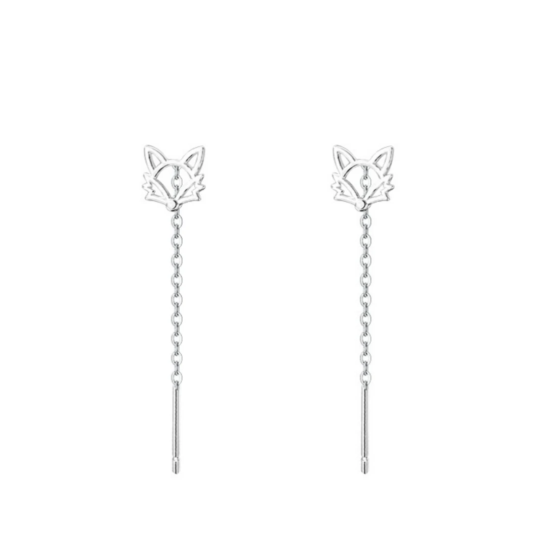 Fox Head Threader Earrings for Women, 925 Sterling Silver Long Chain Drop Ear Line, Hypoallergenic Dangle Jewelry Gift