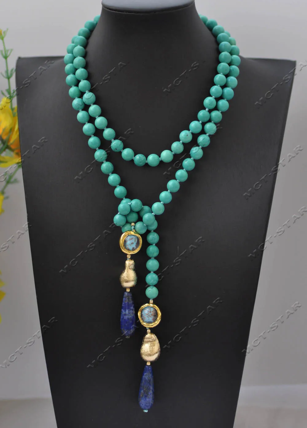 Z13379 39'' 28mm Green Turquoise Blue Drop Round Lapis-Lazuli Gold-Plated Pendant Necklace Custom Jewelry