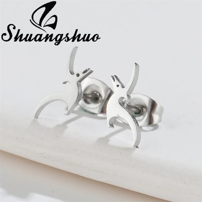 Shuangshuo Cute Elk Deer Wolf Lion Stud Earrings for Women Men Retro Stainless Steel Lovely Animal Earrings Friendship Gift