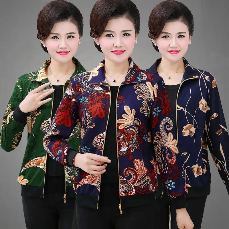 

Mom's Spring Autumn Thin Coat Tops Middle-Aged Elderly Jackets Women's Long-Sleeved Short Jacket Female Fashion Printing Outwear