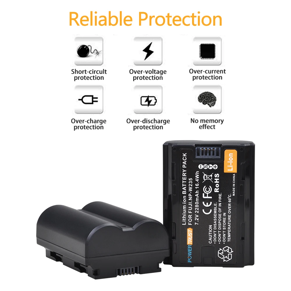 2280mAh PowerTrust NP-W235 NPW235 NP W235 Lithium Battery for Fuji X-S20 X-T4 XT4 X-T5 X-H2 X-H2S GFX50S II GFX 100S Camera