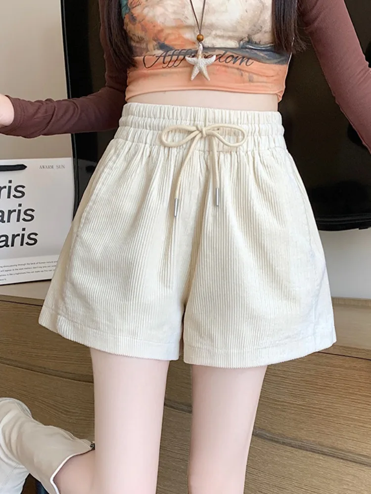 솔리드 컬러 엘라스틱 허리밴드 코듀로이 반바지 여성 가을 2025 신상 하이웨이스트 드로스트링 캐주얼 다용도 와이드 레그 반바지
