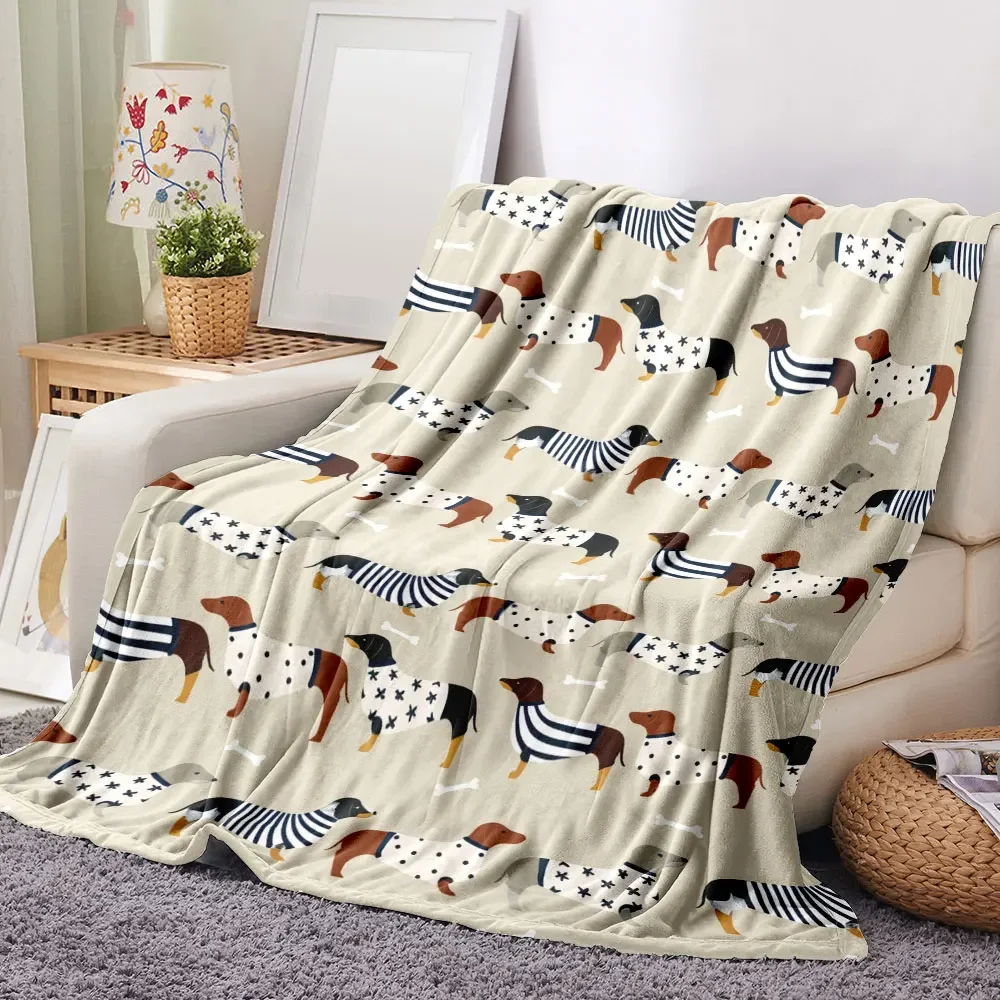 Dachshund Pattern Blanket - Light Beige with Playful Dogs in Shirts (Stars, Stripes, Spots), Gray/Brown/Black Fur & White Bon