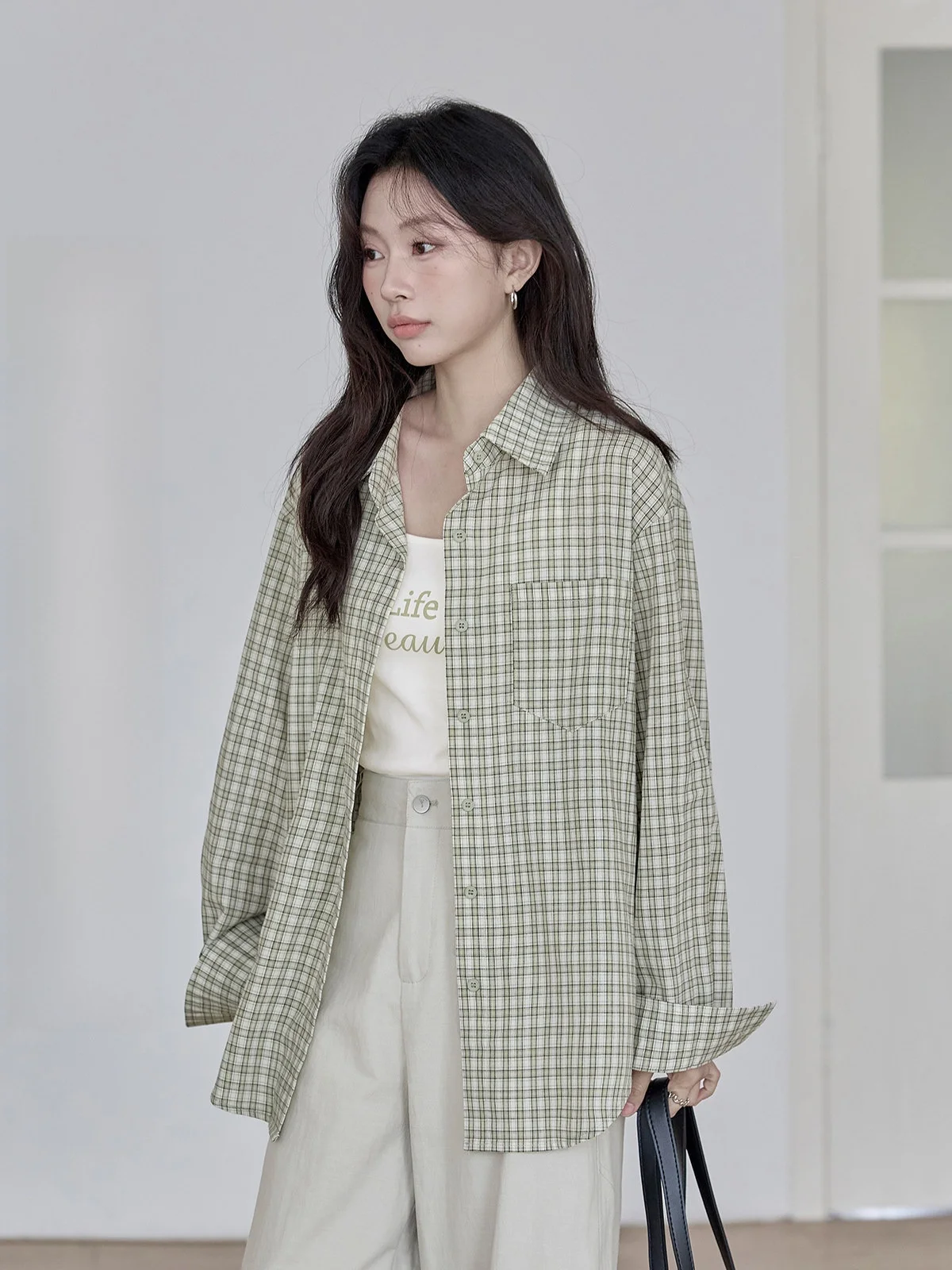 

HuiXi Green Plaid Long Sleeve Shirt Women's Casual Style Inner Wear Layering Top New 2026 Two-Piece Set Collar Loose Fit