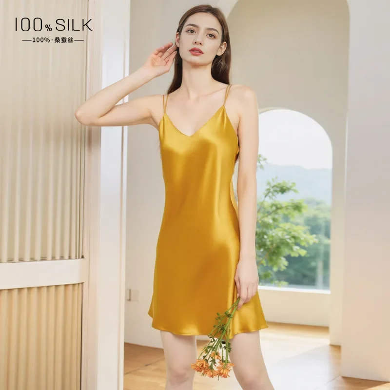 

19 мм 100% шелковая ночная рубашка с открытой спиной, мини-платье, летняя сексуальная ночная рубашка-комбинация, сорочка с v-образным вырезом, нижнее белье, платья, цельная ночная рубашка PJS