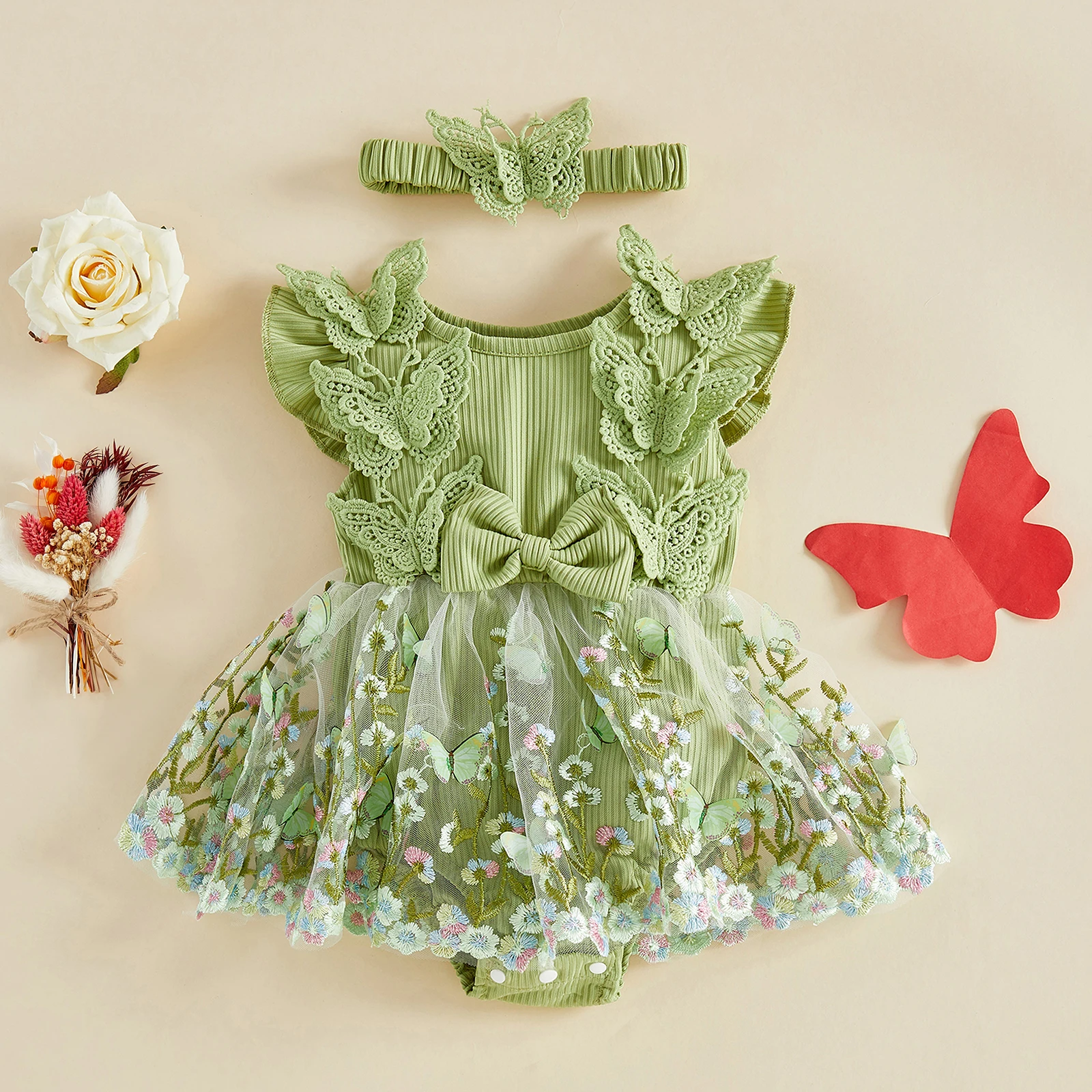 Cute Baby Girls Princess Romper Floral Embroidery Butterfly Decor Fly Sleeve Skirt Hem Bodysuits with Headband Sets