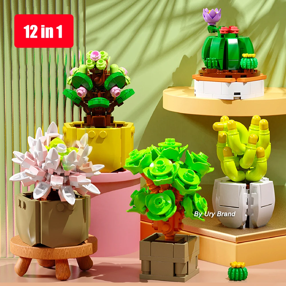 Flower Bouquet Friends Creative Desktop Succulent Plants Bonsai Decoration MOC Model Building Blocks Toys for Girls Gifts