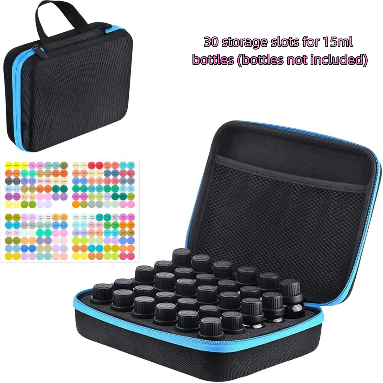 Portable essential oil storage case—holds 30 bottles (5ML-15ML) of essential oils, insulin/peptide vials, or alcohol ink bottles; made of hard-shell EVA material, it is also suitable for storing nail polish.