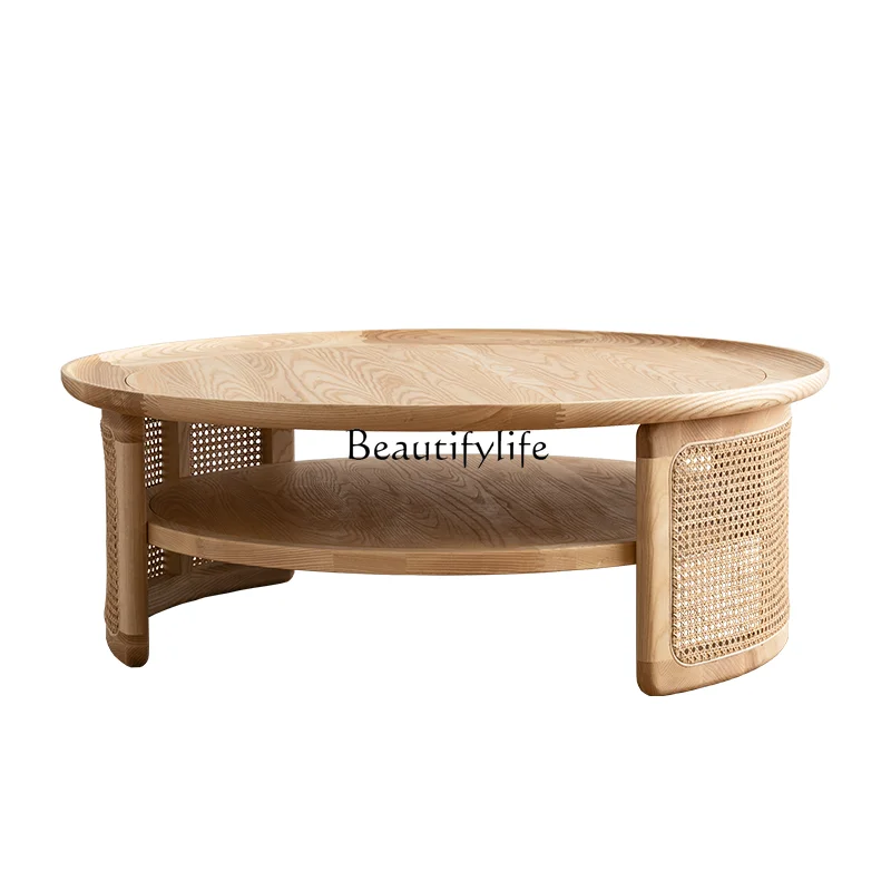 

Living Room Home Modern Minimalist round Tea Table Small Apartment Solid Wood Leg Rattan Living Room Creative Table