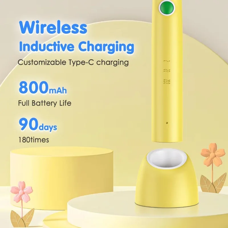 Children's Kids Sonic Electronic Toothbrush with 2 Brush Heads 3 Teeth Oral Modes 800Mah Battery Magnetic Ievitation Motor