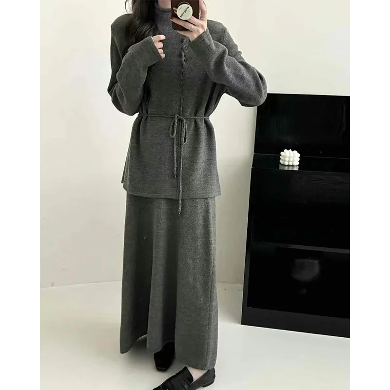 

Autumn and Winter New Design Sense Lazy Style, Loose Lace-up Sweater, Knitted Sweater, Long Skirt Suit, Women's Two-piece Set