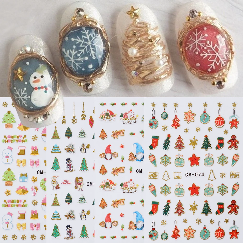 4 Stück 3D-Weihnachtslichtkugel-Abziehbilder für Nägel, Weihnachtsbäume, Lebkuchen-Nagelkunst-Design, Maniküre, saisonales Schönheitszubehör