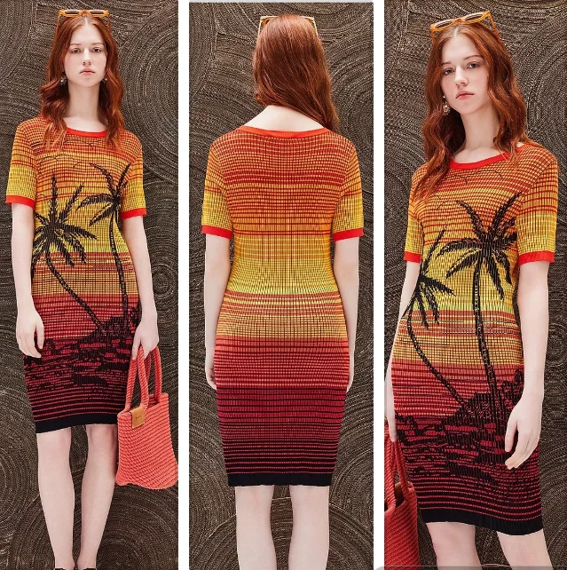 Foreign trade original single Spanish 24 year striped beach coconut jacquard round neck short-sleeved dress