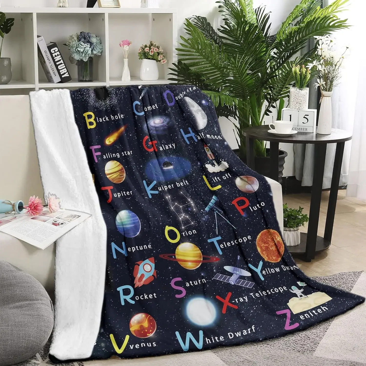 Kids Outer Space Astronaut Blanket, ABC Planet Blanket, Spaceship Rocket Blanket, Solar System Gift, Soft Flannel Blanket