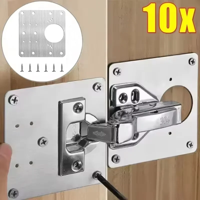 2/10Sets Cabinet Hinge Repair Plate Kits Door Hinge Mounting Plate with Holes for Home Kitchen Cupboard Furniture