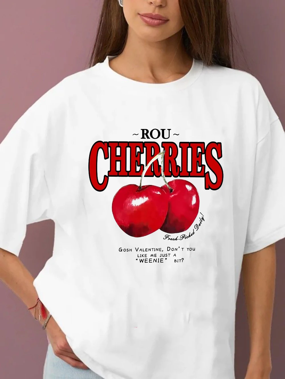 Rou cerises graphique femmes T-Shirt coton Kawaii mignon décontracté ample surdimensionné fruits femme T-Shirt manches courtes haut d'été