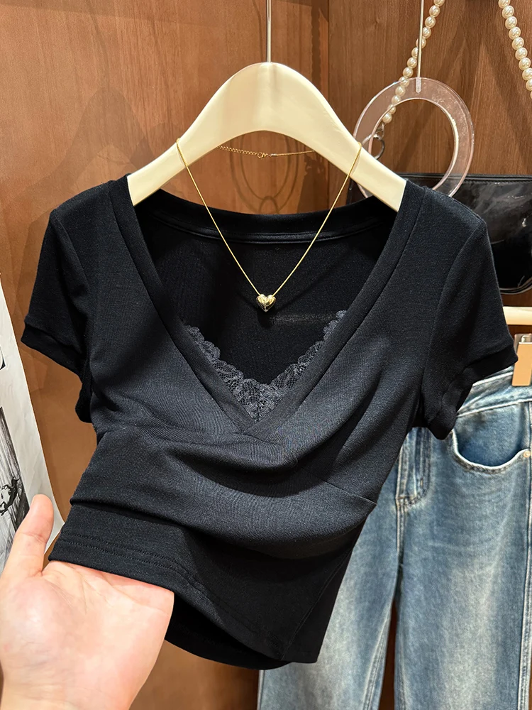 

Сексуальная футболка из ледяного шелка и модала с кружевными вставками, V-образный вырез, трикотажная, летняя, базовая, корейский стиль, облегающая, креативная...