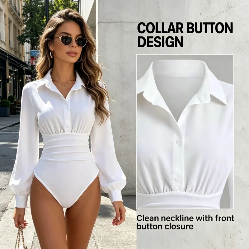 Summer Fashion New Design Sense High-end Spicy Girl Three-dimensional Top Simple Slim Fit Versatile Long Sleeved Jumpsuit Shirt
