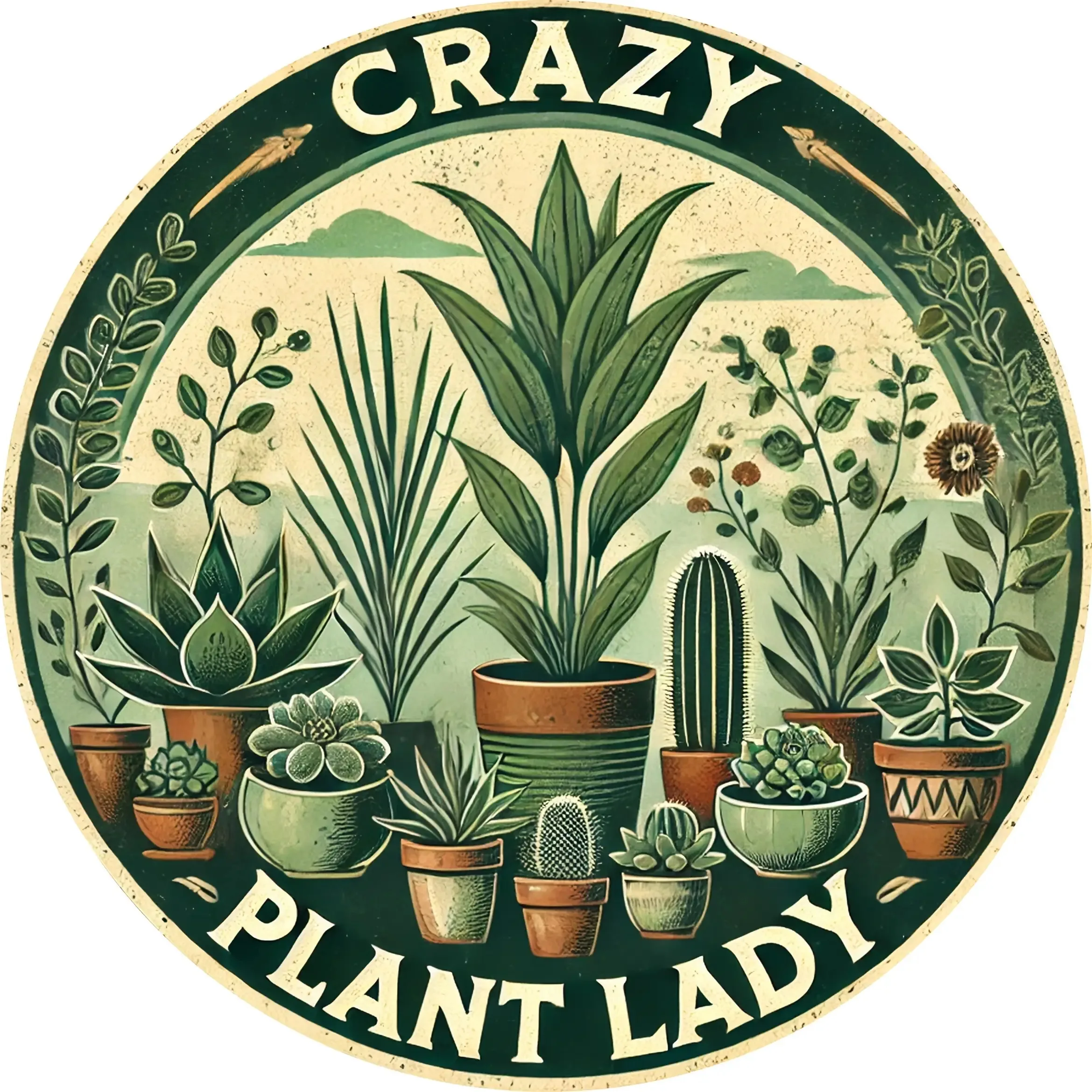 2D Flat, Crazy Plant Lady" Vintage Holz Wandschild – 20,3 cm runde Hängedekoration mit Topfpflanzen-Design, rustikaler Bauernhaus-Stil für