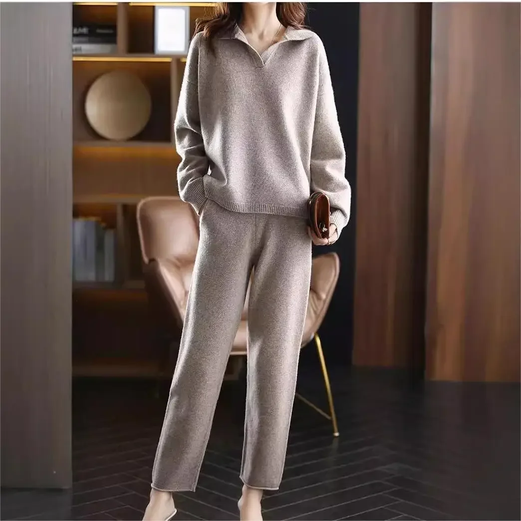 Knitting 2 Piece Sets Muslim Ensemble Women Sweater Turndown Collar Pullover Knitted Wide Leg Pants Suit Knitwear Casual Outfits