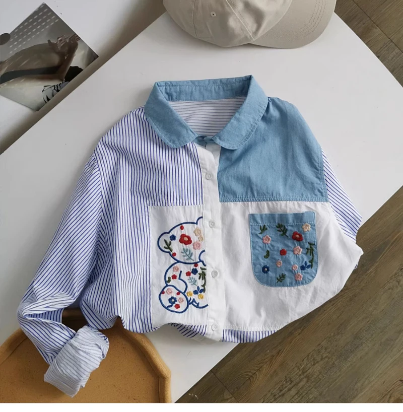 Bomon Spring and Autumn denim patchwork embroidered flower flower vintage vertical stripe shirt long sleeve loose shirt women