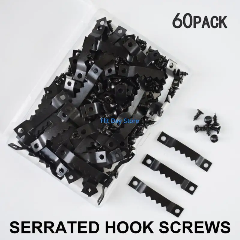 F92C 60Pcs Swatooth Picture Hangers Black Metal Photo Frames Hanging Kits with Screws