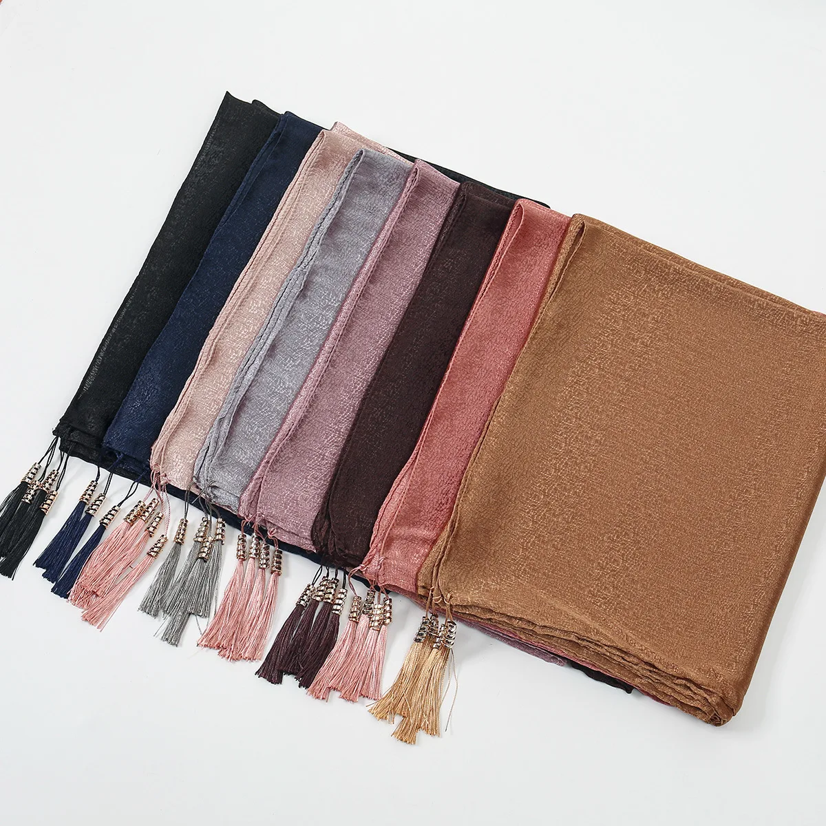 

Spring and Summer Fashion Single Item New Light Luxury Satin Fringed Long Towel Full of Drape Women's Headscarf Shawl