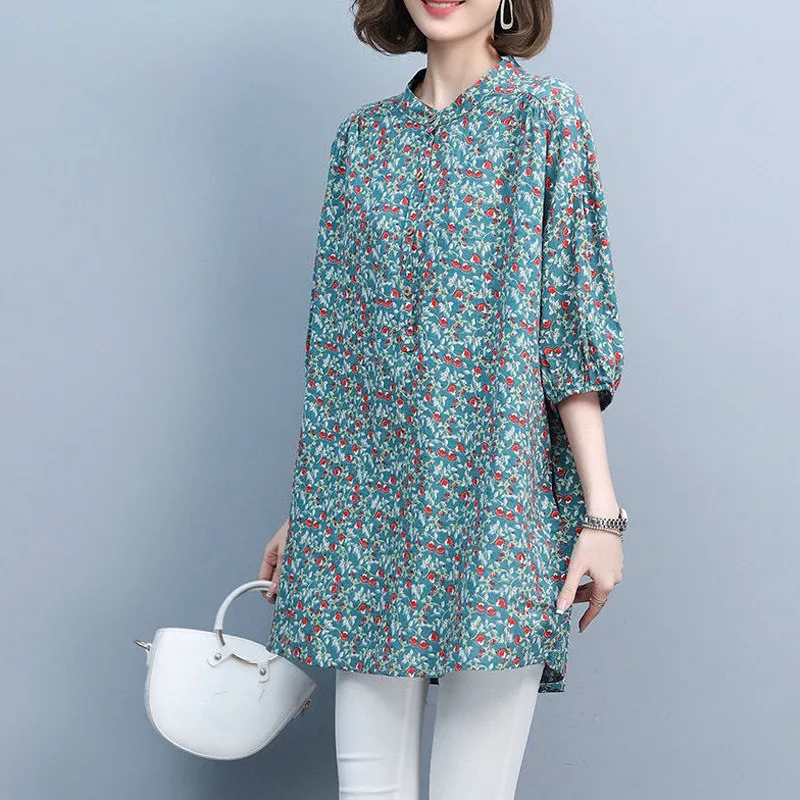 Summer Fashion Vintage Floral Print Oversized Cotton Linen Long Top Blouse Women Casual Half Sleeve Shirts Blusas Mujer Clothing