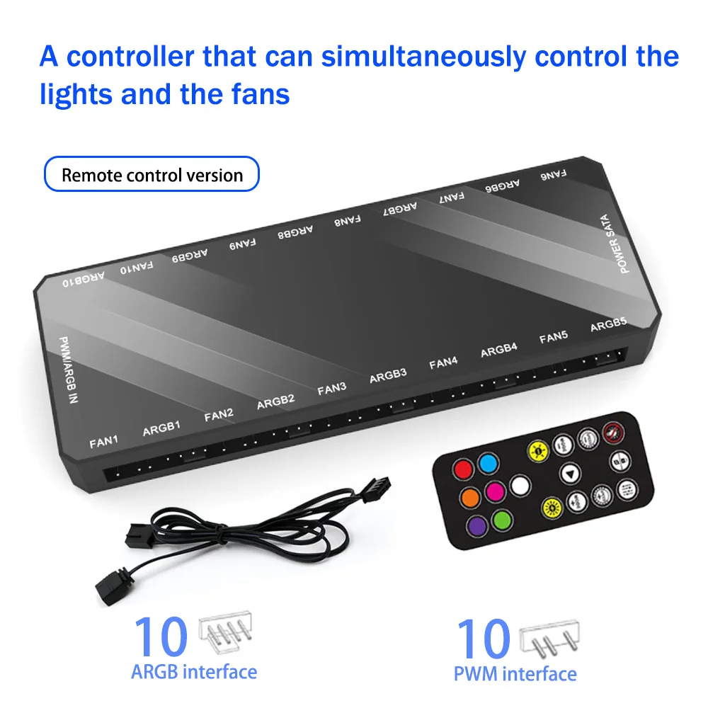 10-in-1 ARGB Fan Controller – SATA Powered, Remote Control for PC Case RGB & Fan Speed(Battery Not Included)