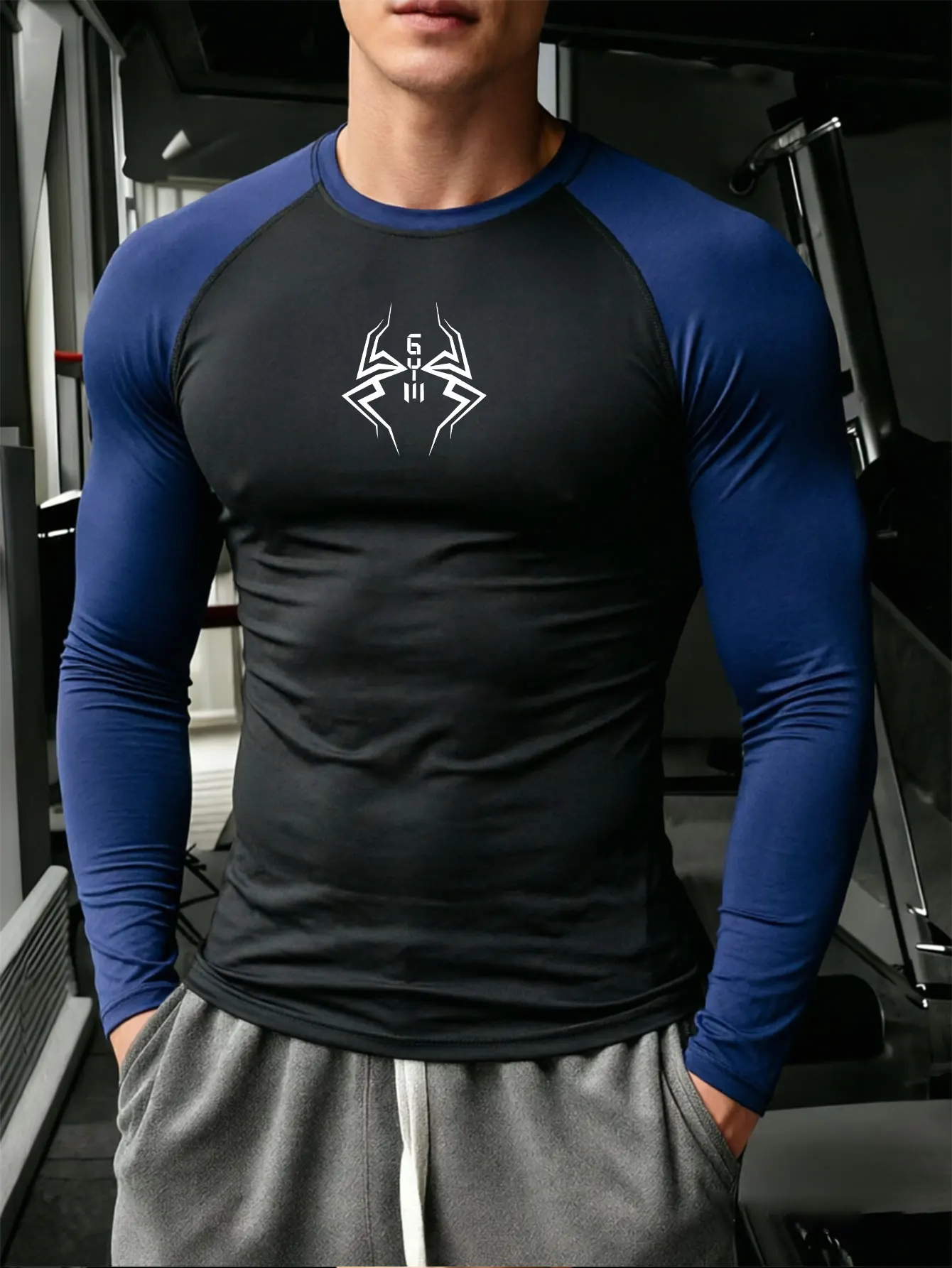 Autumn Winter Men Gym Fitness Display Long Sleeve T-Shirt Crew Neck Elastic Moisture Wicking Tights Running Training Bottom Top