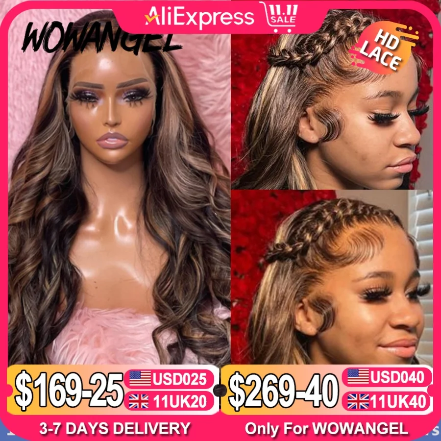 Wow Angel 250% 13x4 HD Lace Frontal Wigs Body Wave Highlight Wig Pre Plucked Melt Skin Full Lace Frontal Wig HD Lace Closure Wig