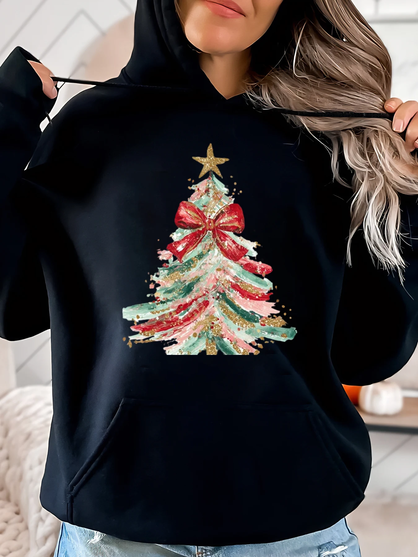 

Christmas Tree Print Holiday Hoodie Women Casual Winter Outfit Black Plus-Size