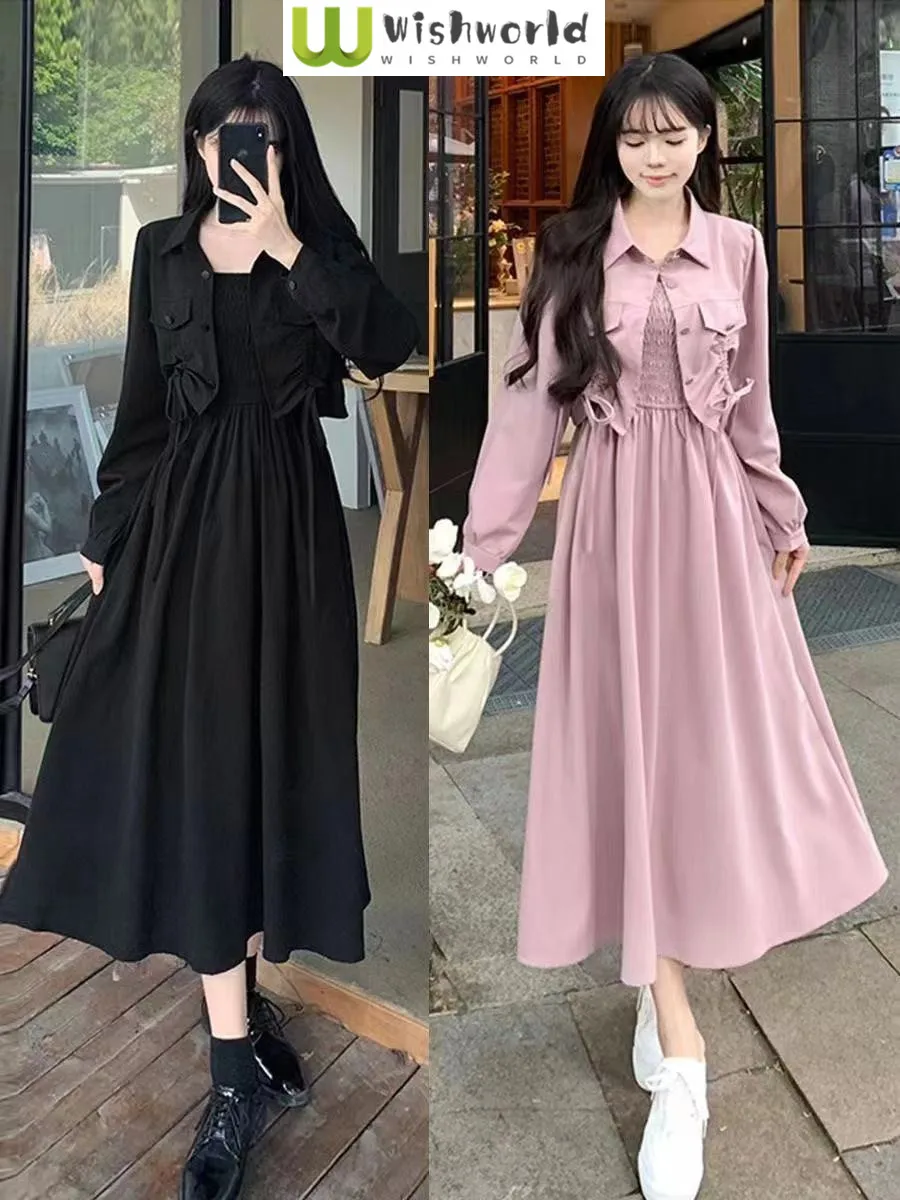 Spring and Autumn New Korean Long Sleeved Cardigan Jacket+mid Length Camisole Dress Elegant Women's Two-piece Set