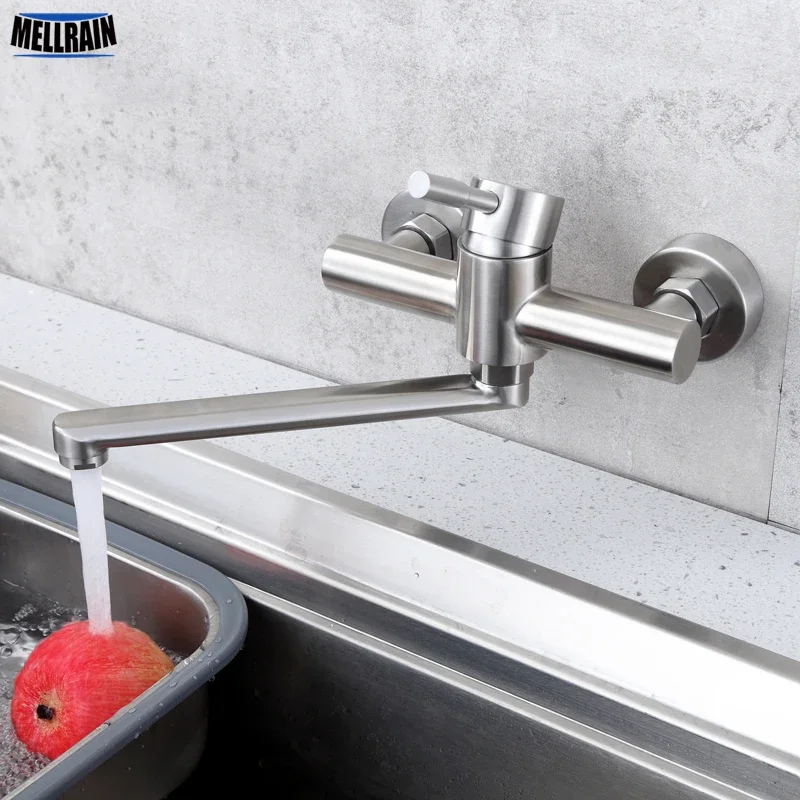 Wall mounted lengthen kitchen sink mixer long style rotate kitchen faucet stainless steel brushed hot & cold mixer water tap