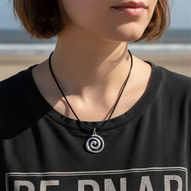 Sliver Swirl Pendant Necklace on Black Wax Cord Infinity spiral necklace Spiritual Spiral Jewelry Life is strange Necklace