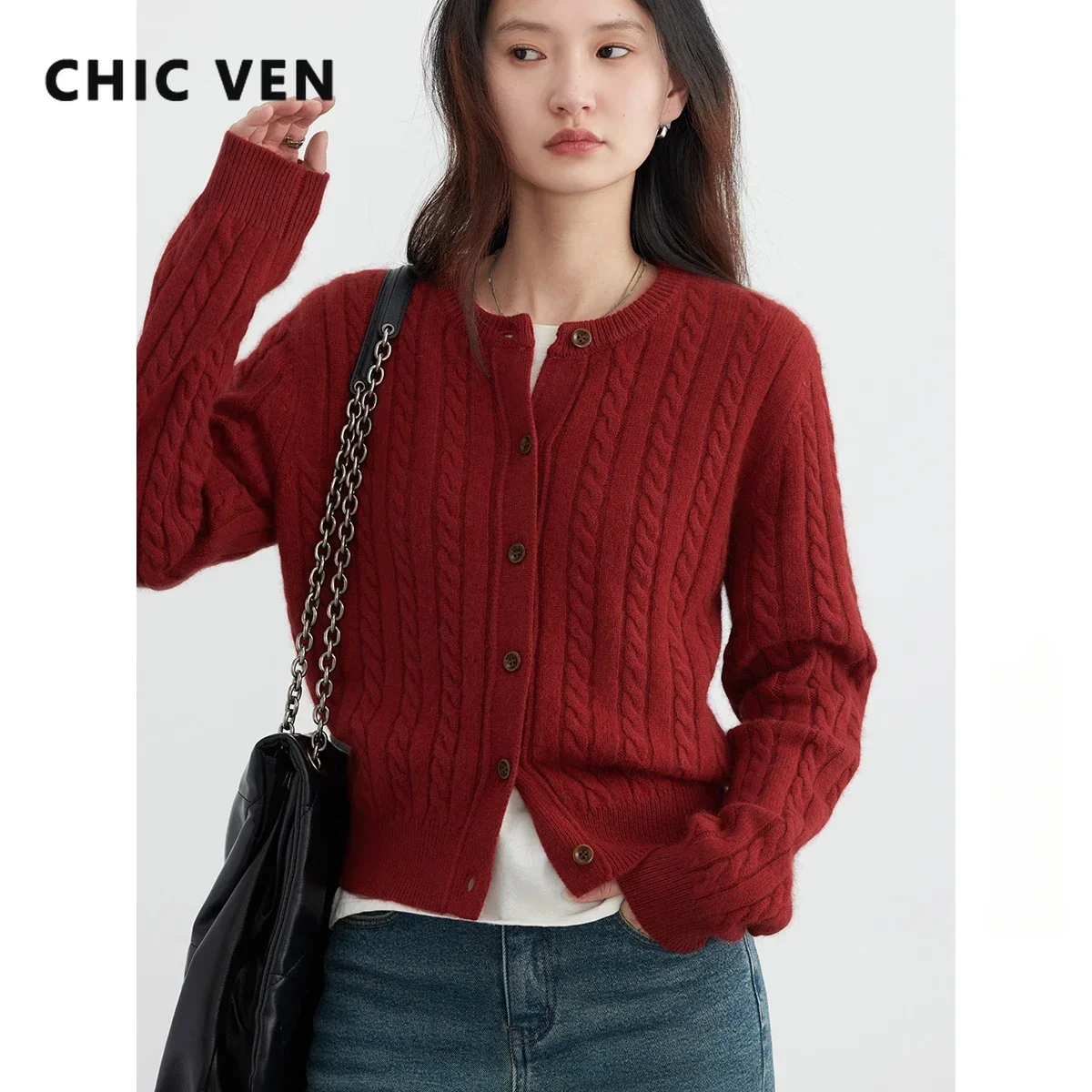 CHIC VEN-Cardigan Décontracté Rouge à Col Rond pour Femme, Pull Torsadé en Cheveux de Raton Laveur, Printemps Automne 2024