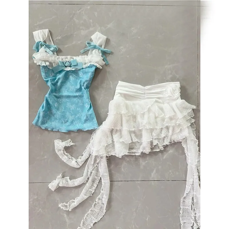 2025 한국어 스위트 보우 슬링 드레스 여성 빈티지 레이스 짧은 치마 우아한 파티 드레스 슬림 Y2k 자르기 탑 2000 년대 의류 로리타