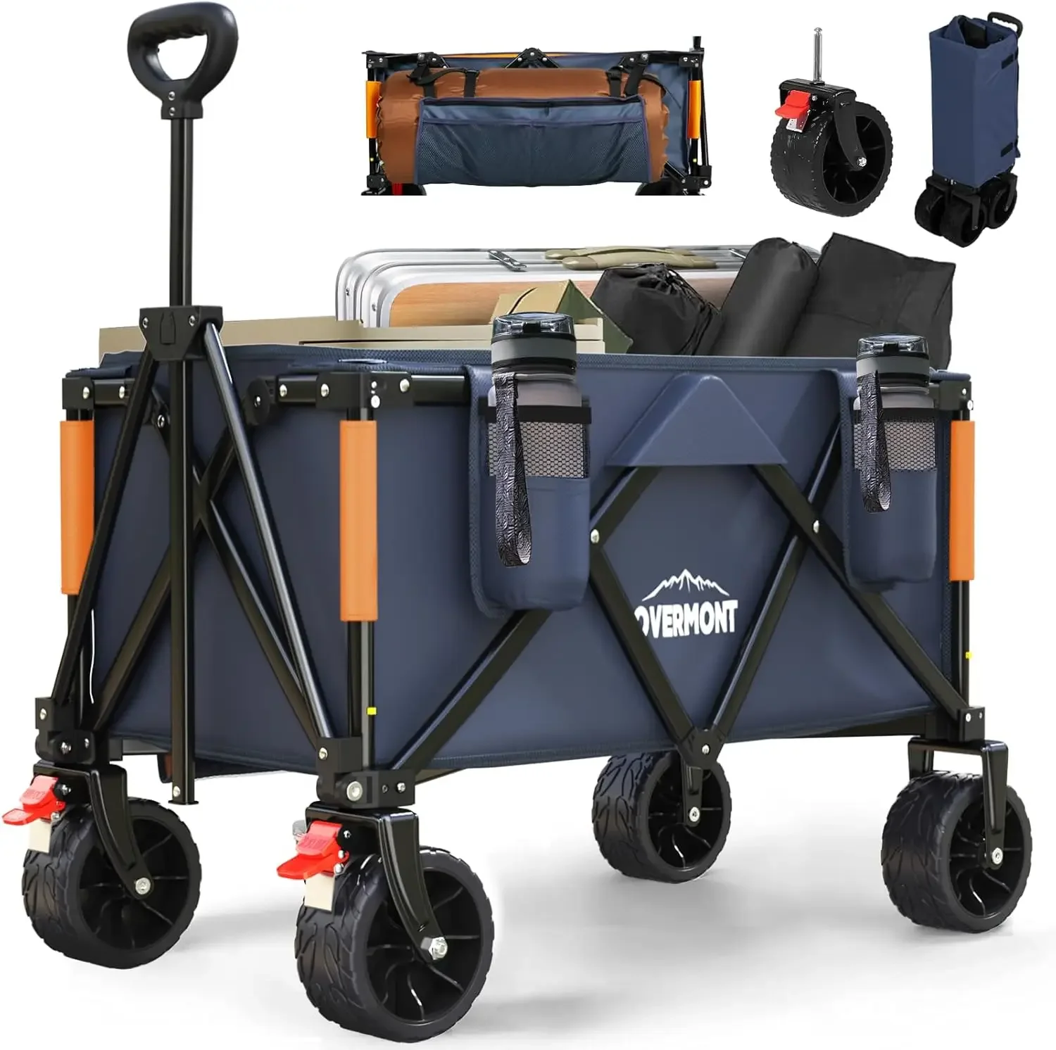 

Collapsible Wagon Cart with Wheels - All-Terrain 3.2in Wide Wheels - Foldable 150L Large Capacity with Side Pockets