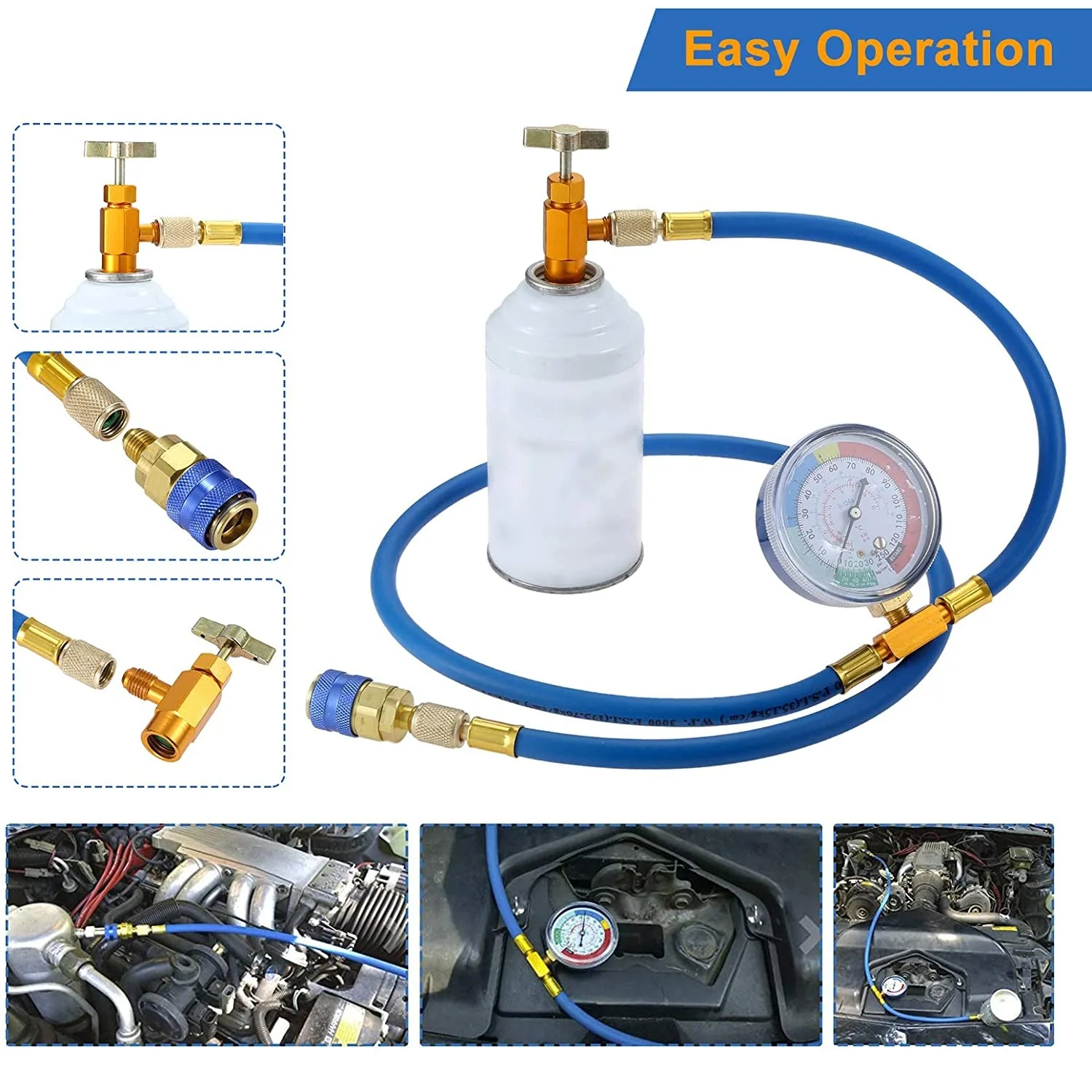 59'' Air-conditioning AC R134A Refrigerant Recharge Hose Kit with Gauge,R134A Can Tap Quick Couple,R410A Straight Swivel Adapter