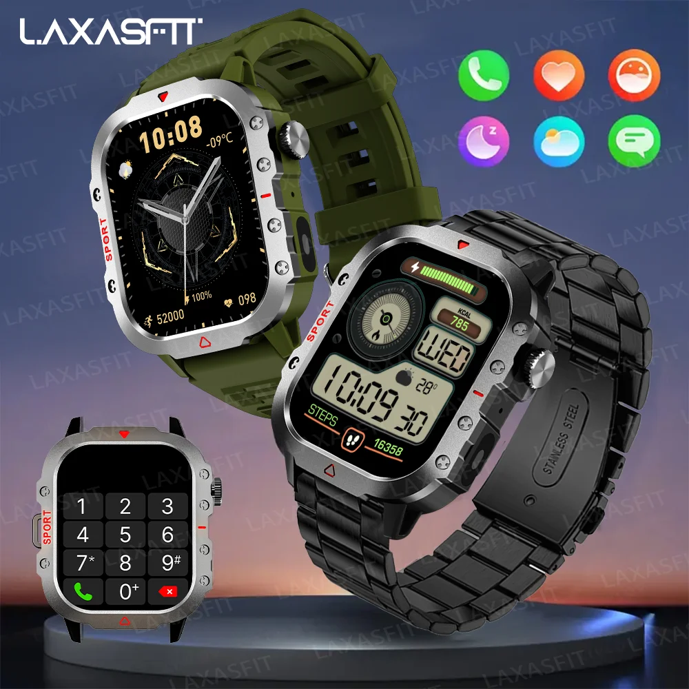 LAXASFIT LED Flashlight Smart Watch Men Sports Fitness Bluetooth Call Heart Rate Health Monitor Outdoor Smart Watch Holiday Gift