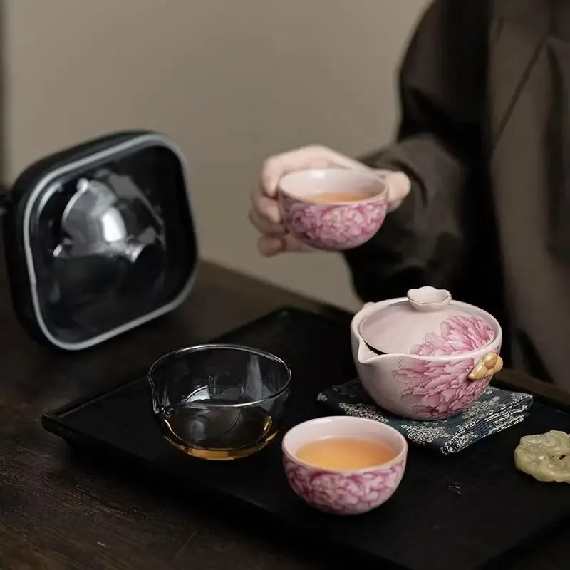 Antique Ru Kiln National Color and Natural Fragrance Travel Tea Set Outdoor Camping Portable 1 Pot 2 Cups Express Cup Simple Tea