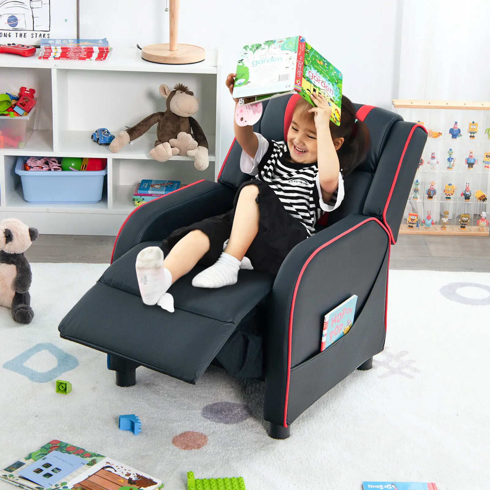 Giantex-silla reclinable ergonómica de cuero para niños, sillón con reposapiés y bolsillo lateral, Color Rojo