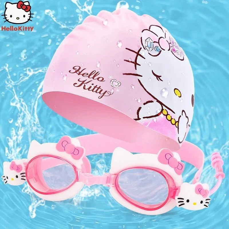 

Sanrio Kawaii Hello Kitty Goggles Cartoon Cute Waterproof Anti-Fog Baby Swim Eyewear Ins Diving Goggles Swimming Cap Set Gift