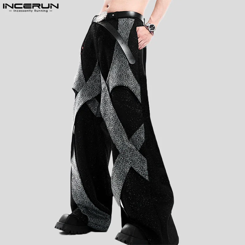 INCERUN 2025 Korean Style Trousers Fashion Men's Sparkling Fabric Splicing Deconstruction Pant Casual Streetwear Pantalons S-5XL