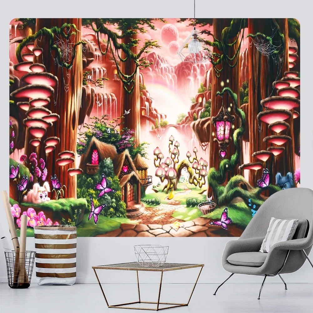 Magic Elf Misty Forest Mushroom Psychedelic Scene Wall Hanging Home Decoration Tapestry Bohemian Decoration Tapestry