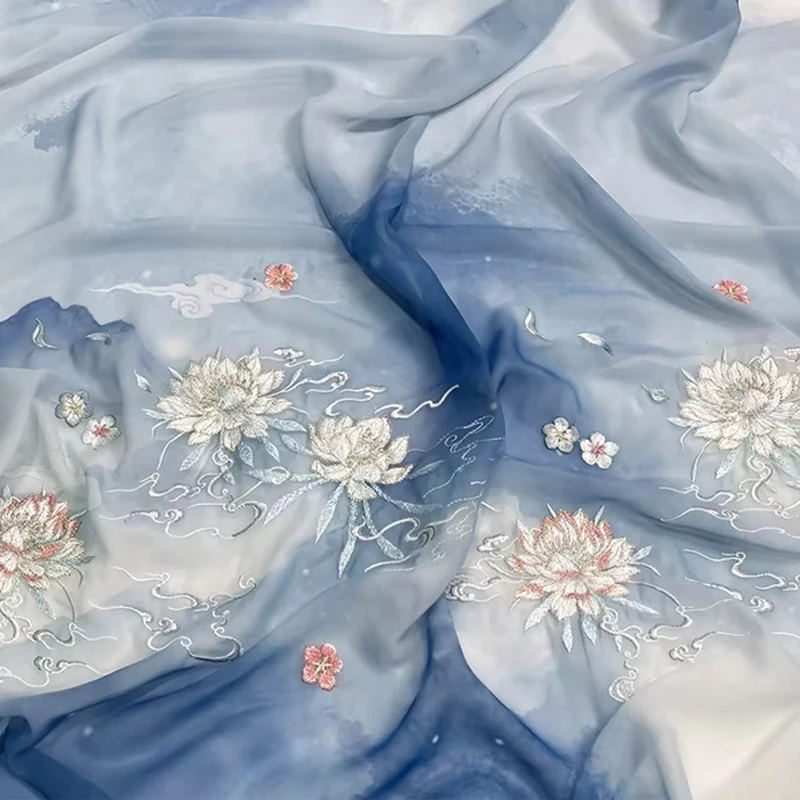 

Chinese Style Designer Fabric Antique Hanfu Organza Epiphyllum Heavy Industry Embroidered Fabric For Horse Face Pleated Skirt