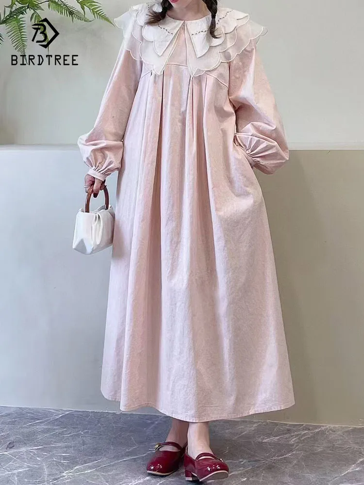 New 2025 Autumn Cotton Lantern Sleeve Dresses, Women Ruffled Lace Patchwork, Mori Girl Sweet Casual Loose Doll Dress D58431CC