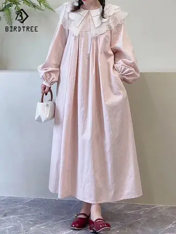 New 2025 Autumn Cotton Lantern Sleeve Dresses, Women Ruffled Lace Patchwork, Mori Girl Sweet Casual Loose Doll Dress D58431CC