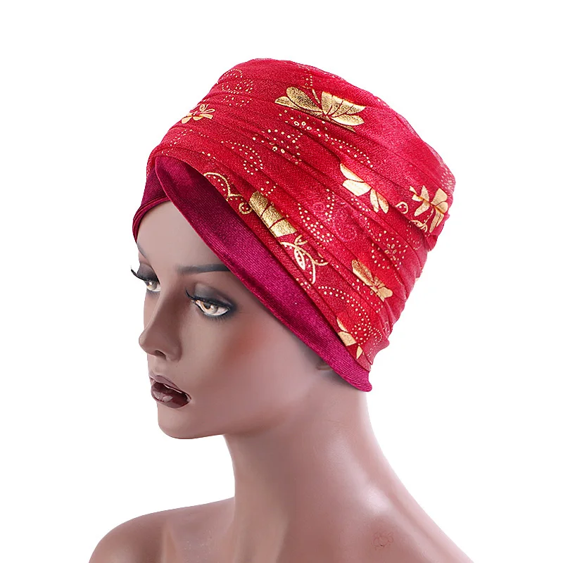 New Women print Gilded mesh Turban Cap Muslim Long Tail Scarf Hat Chemo Cap Hair Loss Islamic Headwrap African Wrap Head Scarves